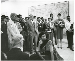 Clement Greenberg speaking in New Delhi in 1967 at a presentation of the MoMA exhibition Two Decades of American Painting. 