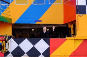 Sir Peter Blake has dazzled a Mersey Ferry as part of the WW1 centenary, co-commissioned by Liverpool Biennial,  14-18 NOW and Tate Liverpool Photo: Mark McNulty