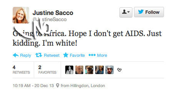 Justine Sacco defends horrible aids joke. Source: Perez Hilton