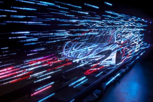 Video still from McLaren’s P1 launch. A stop-motion, long exposure photography light painting animation. Image courtesy Marshmallow Laser Feast