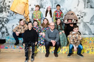 Dogsy Ma Bone cast with artist Marvin Gaye Chetwynd, Mark Doyle (Curator at Touchstones Rochdale) and Polly Brannan (Education Curator at Liverpool Biennial). Photo: Pete Carr