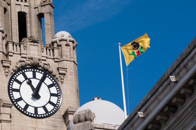 Pan African Flag for the Relic Travellers' Alliance (2021) by Larry Achiampong at the Cunard Building. Photograph by Mark McNulty-web