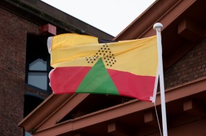 Larry Achiampong, Pan African Flag for the Relic Travellers' Alliance, 2021. Installation view at Dr Martin Luther King Jr. building, Liverpool Biennial 2021. Photography_ Mark McNulty-web