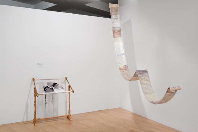 Laura Nathan Meine geliebte Pöppi, 2022 Installation: Printed cotton woven into rug canvas, audio piece, embroidery frame